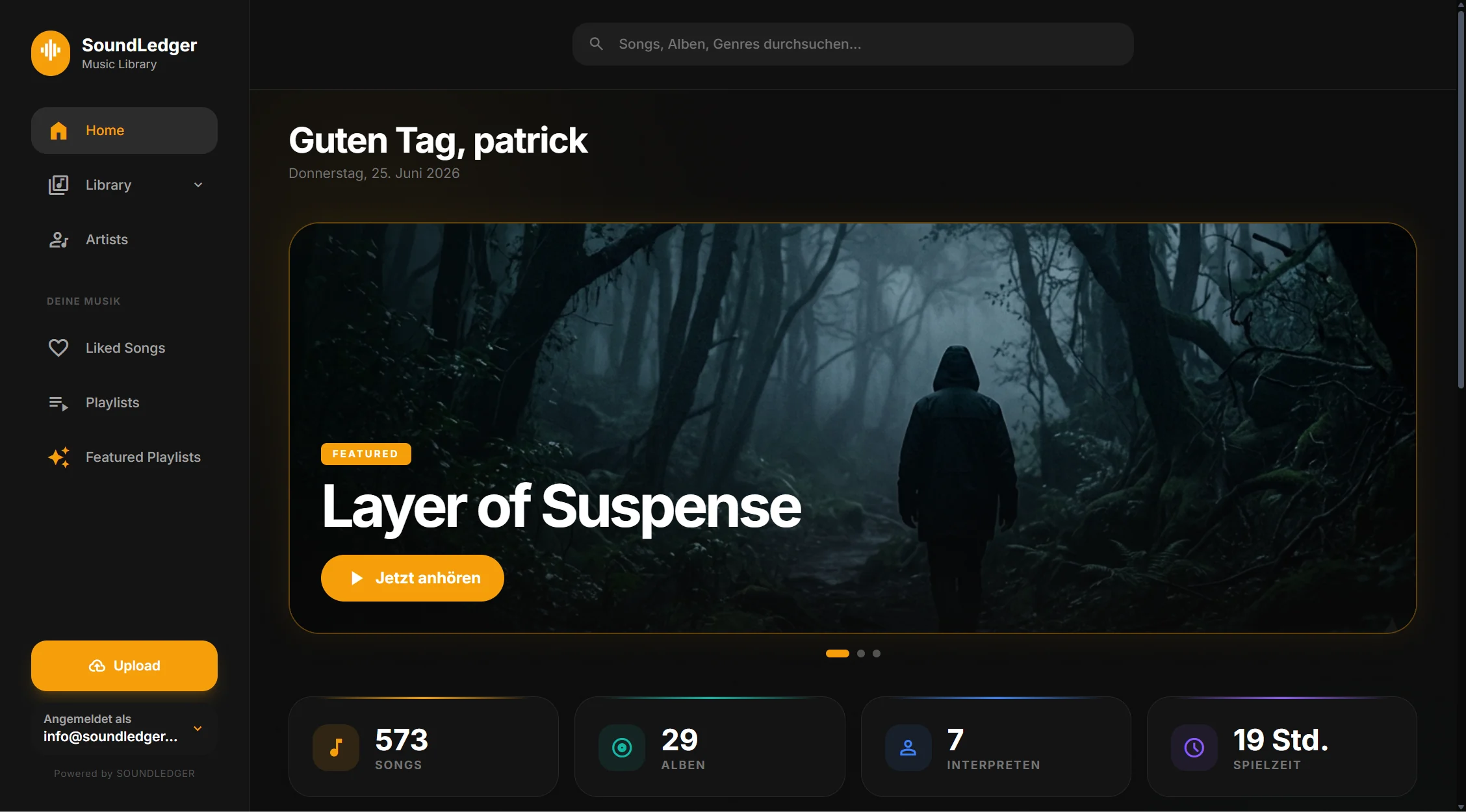 SoundLedger Dashboard mit Featured-Playlist, Suche und Kennzahlen zum Katalog